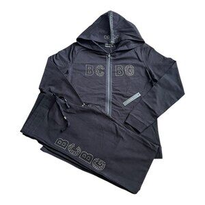 BCBG Maxazria Women's Black Tracksuit Set Y2K Rhinestone Bling Zippered Hood NWT